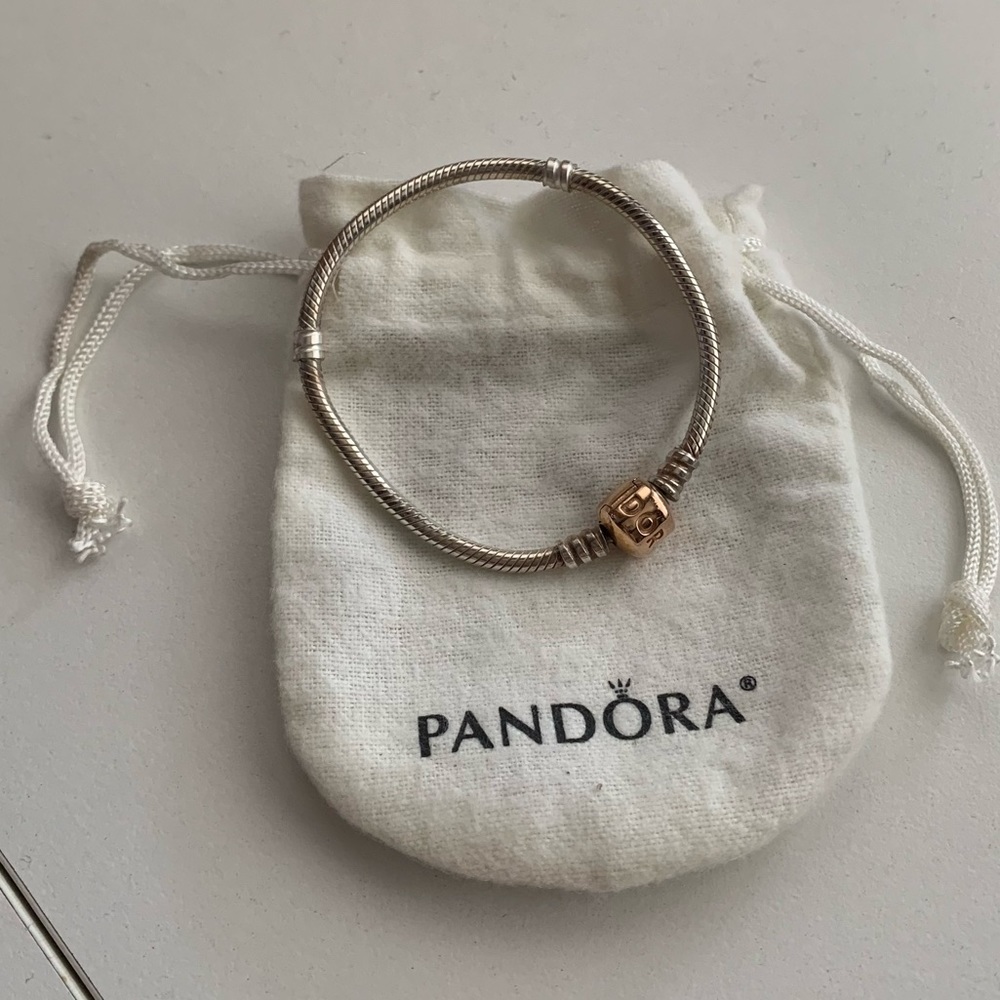 Retired Pandora Rose Gold Barrel Clasp Moments Snake Chain Bracelet Two Tone